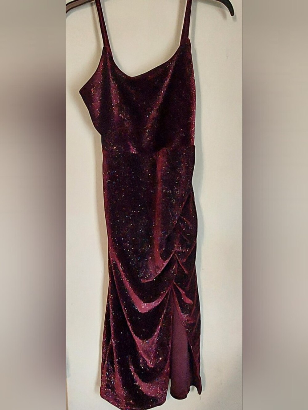 Popular 21 Velvet Asymmetrical Slip Dress with Sparkle - Burgundy Small